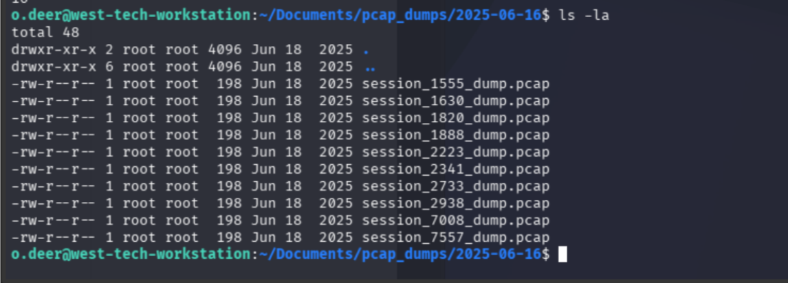 June 16 PCAP directory — 10 session files, all 198 bytes